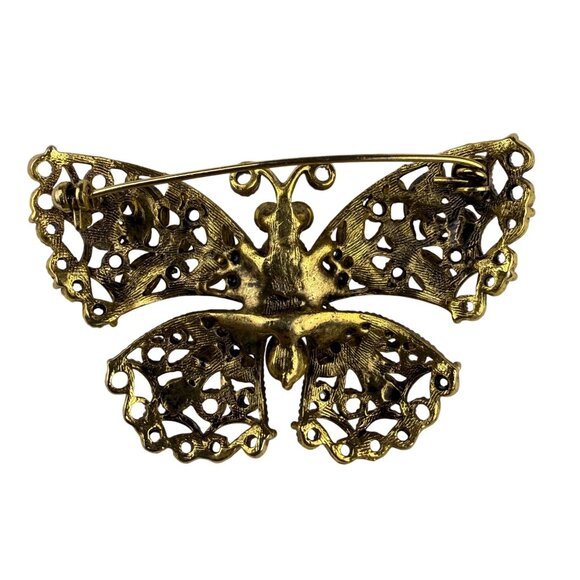 Vintage Ornate Butterfly Rhinestone Brooch Amber & Champagne Crystal Gold Tone - Picture 2 of 4
